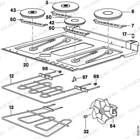 Взрыв-схема плиты (духовки) Electrolux EK6367/1 - Схема узла Oven and Top functional parts